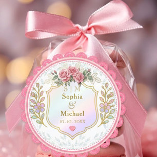 Adesivo Redondo Favor de casamento de rosa floral cor-de-rosa vint
