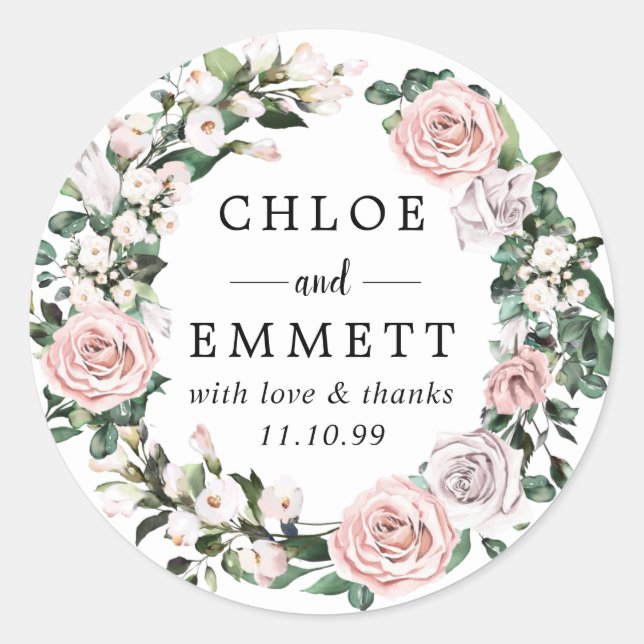 Adesivo Redondo Favor de Casamento de Rosa Rosa e Lavanda (Frente)