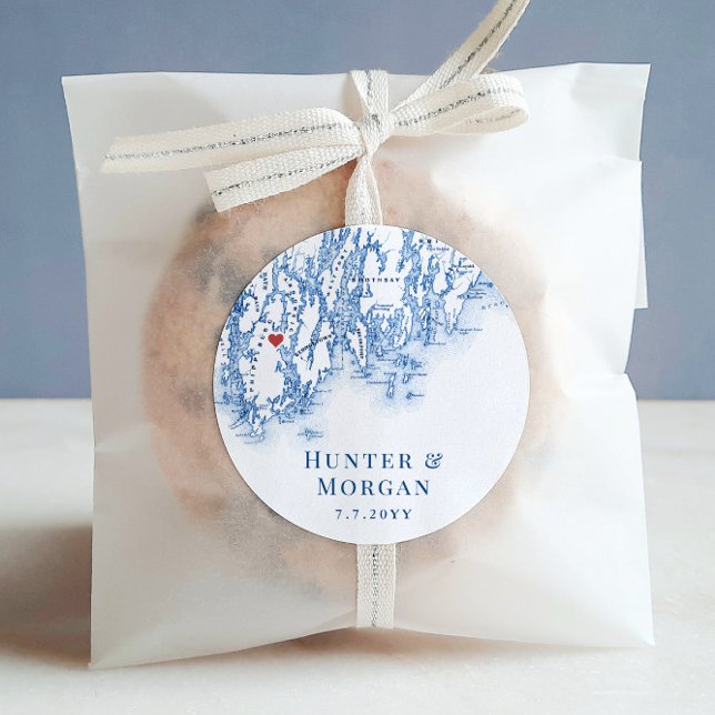 Adesivo Redondo Favor de Casamento do Mapa do Phippsburg Maine (Phippsburg Maine Map wedding favor labels for your destination wedding at 1774 Inn)