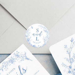 Adesivo Redondo Favor de Casamento Elegante Azul Poeirento Floral