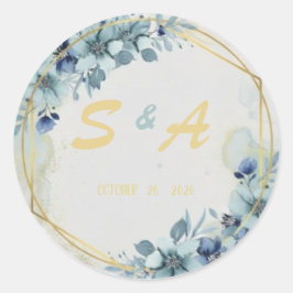 Adesivo Redondo Favor de casamento elegante floral azul dourado