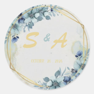 Adesivo Redondo Favor de casamento elegante floral azul dourado