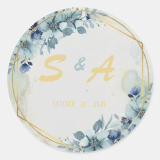 Adesivo Redondo Favor de casamento elegante floral azul dourado