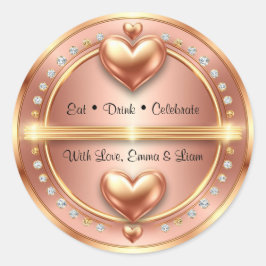 Adesivo Redondo 🌸 Favor de Casamento em Dourado Rosa com Corações
