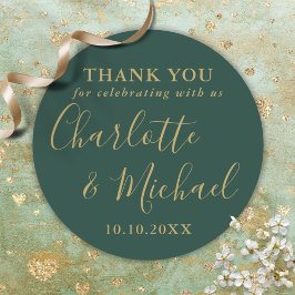 Adesivo Redondo Favor de casamento esmeralda verde e dourado obrig