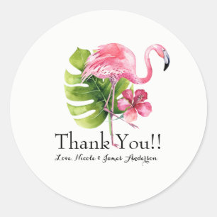 Adesivo Redondo Favor de Casamento Flamingo Hibisco Folha Tropical