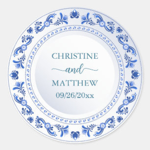 Adesivo Redondo Favor de casamento floral azul porcelana