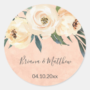 Adesivo Redondo Favor de casamento Floral Beige Blush Peach Clássi