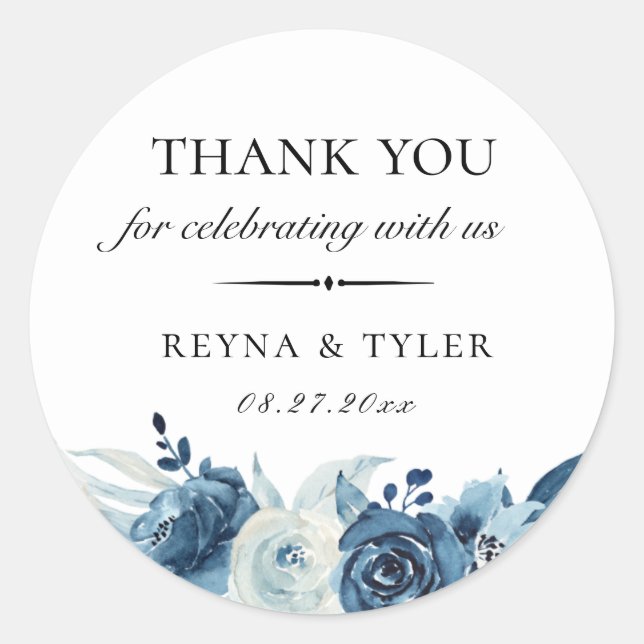 Adesivo Redondo Favor de Casamento Floral Botânico Azul (Frente)
