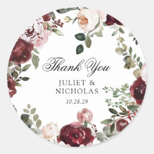 Adesivo Redondo Favor de Casamento Floral de Borgonha e Escamudo