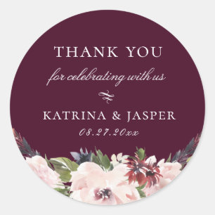 Adesivo Redondo Favor de Casamento Floral de Plum Blush