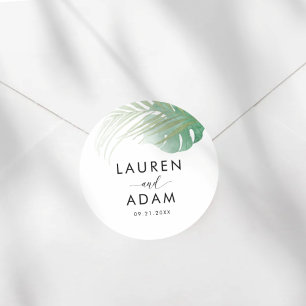 Adesivo Redondo Favor de casamento Folha de Palme Verde Aquarela 