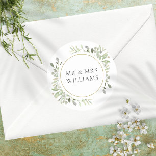 Adesivo Redondo Favor de casamento Folhas VERDES SR E SRA