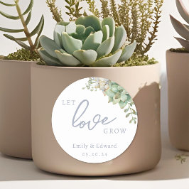 Adesivo Redondo Favor de casamento Let Love Grow com suculentas em