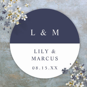 Adesivo Redondo Favor de casamento minimalista monograma azul mari