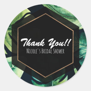 Adesivo Redondo Favor de casamento preto elegante com folhas tropi