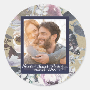 Adesivo Redondo Favor de Casamento Rústico Glam Floral Kraft Azul