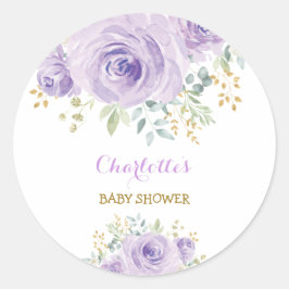 Adesivo Redondo Favor de Chá de Bebê Flor de Lilás Roxo Feminino