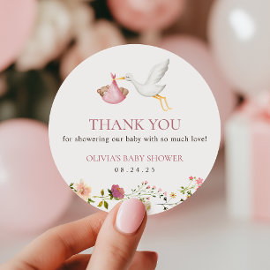 Adesivo Redondo Favor de Chá de Bebê Menina Floral Rosa Entrega da