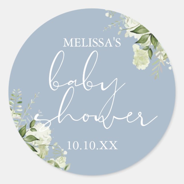 Adesivo Redondo Favor de Chá de Bebê Menino Azul Poeira Floral Ver (Frente)
