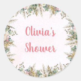 Adesivo Redondo Favor de Chá de Bebê Pink Boho Pampas e Floral