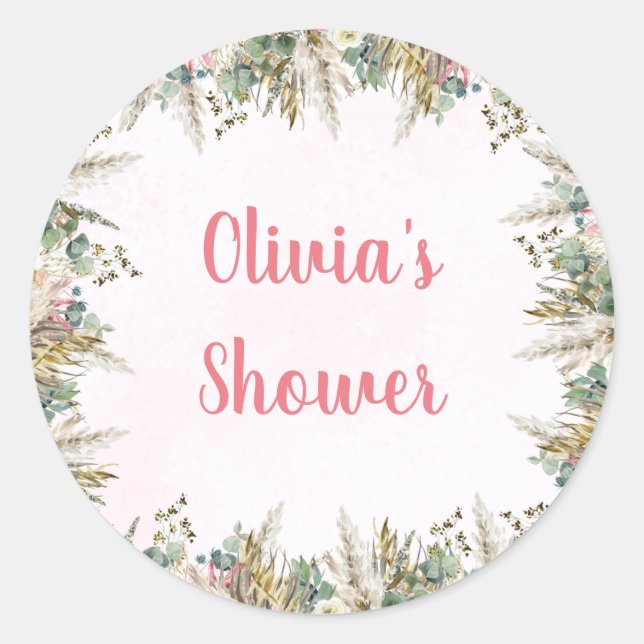 Adesivo Redondo Favor de Chá de Bebê Pink Boho Pampas e Floral (Frente)
