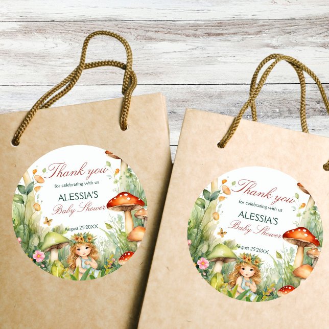 Adesivo Redondo Favor de chá de fraldas de fada de jardim entoado (Enchanted garden forest mushroom fairy baby shower thank you favor stickers earthy green natural)