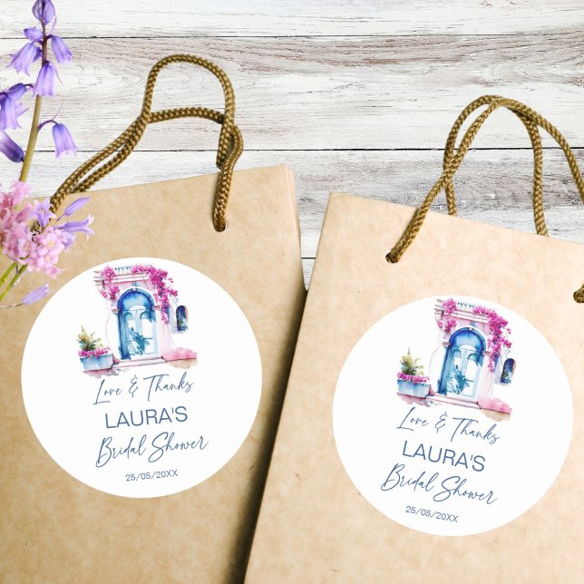 Adesivo Redondo Favor de chá de noiva mediterrâneo bougainvillea (Bougainvillea Mediterranean themed bridal shower thank you favor Sticker bridal shower favors pink)