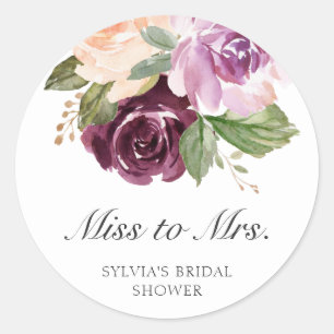 Adesivo Redondo Favor de Chá de Noiva Miss to Mrs Moody Plum Flora