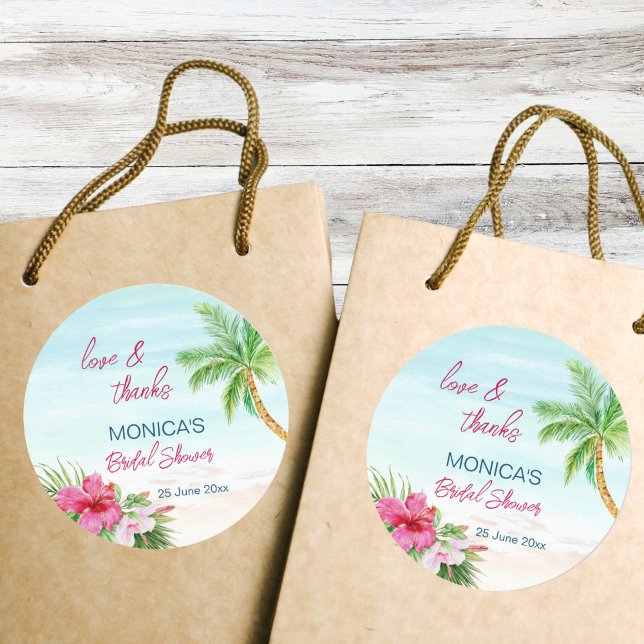 Adesivo Redondo Favor de chá de noiva tropical de verão na praia (Summer beach tropical bridal shower thank you favor stickers pink hibiscus palm trees ocean)