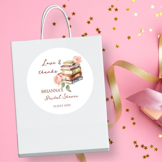 Adesivo Redondo Favor de chá de panela de noiva de novo capítulo d (Story book new chapter bridal shower thank you favor stickers personalized printed favor stickers)