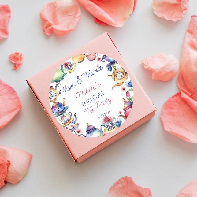 Adesivo Redondo Favor de chá de panelinha da Alice no país das mar (Alice in wonderland bridal shower tea party favor gift thank you stickers whimsical watercolor)