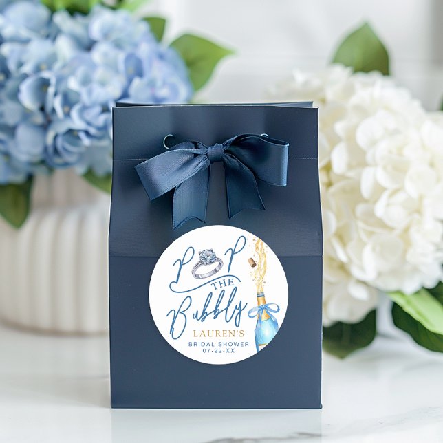 Adesivo Redondo Favor de Chuva de Noiva Champagne Estourar a Bolha (Pop the Bubbly - Favor Sticker)