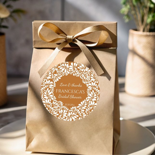 Adesivo Redondo Favor de chuveiro de noiva em terracota talavera m (Vintage Mexican talavera terracotta bridal shower thank you favor sticker template )