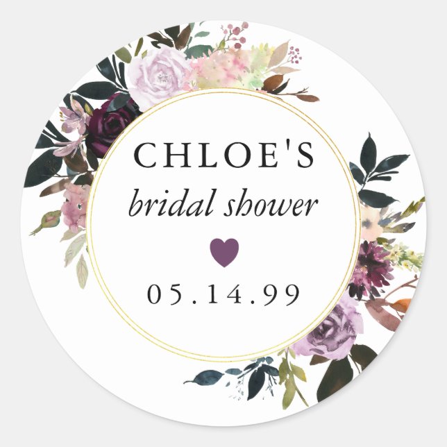 Adesivo Redondo Favor de Chuveiro de Noiva Flor de Rosa Roxo (Frente)