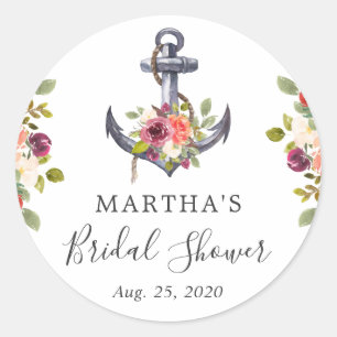 Adesivo Redondo Favor de Chuveiro de Noiva Floral Âncora Náutica F