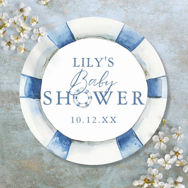 Adesivo Redondo Favor de Chuvinha de Bebê de Salvamento Náutico Fo (Cute Nautical Ocean Lifebuoy Baby Shower Favor Classic Round Sticker)