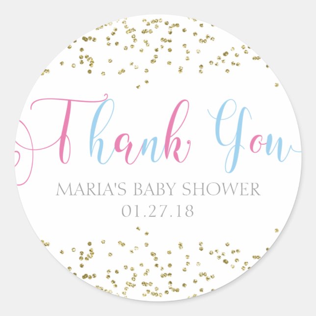 Adesivo Redondo Favor de Confetti Dourado do Chá de fraldas Gêmeo  (Frente)