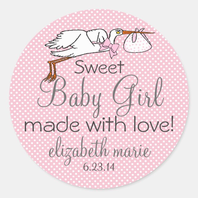 Adesivo Redondo Favor de Convidado do Chá de fraldas Rosa-Rosa-Coc (Frente)