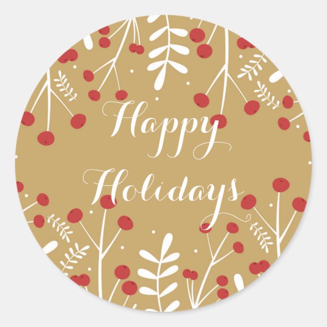 Adesivo Redondo Favor de Férias Dourado Folhas e Bagas Brancas (Frente)