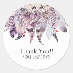 Adesivo Redondo Favor de Festa Boho Boêmia com Penas Flora Rustica