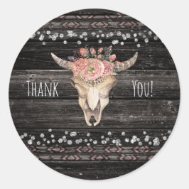 Adesivo Redondo Favor de festa Boho Chic Crânio de Vaca Floral Rús