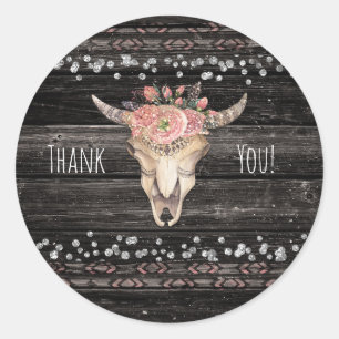 Adesivo Redondo Favor de festa Boho Chic Crânio de Vaca Floral Rús