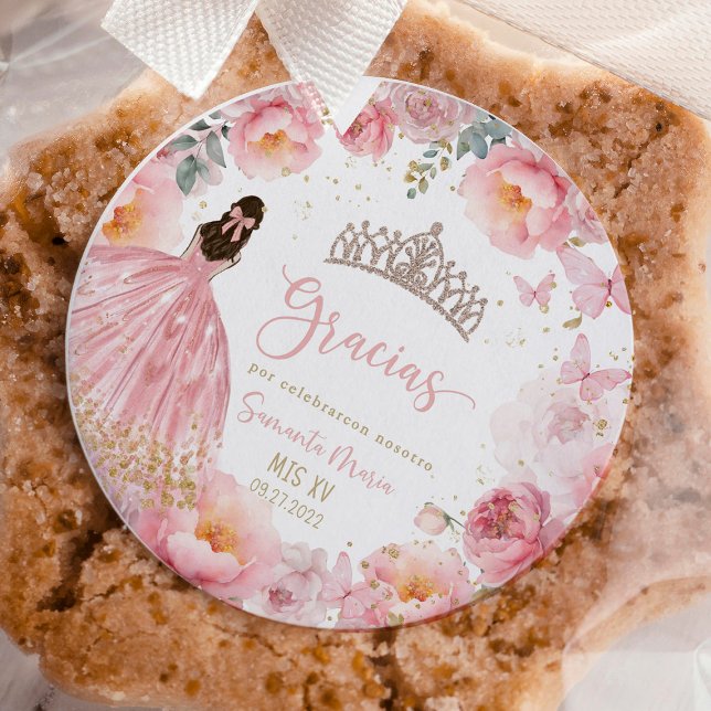 Adesivo Redondo Favor de festa de 15 anos Quinceañera elegante (Elegant Quinceañera classic round sticker for 15th birthday party favors and invitations.)