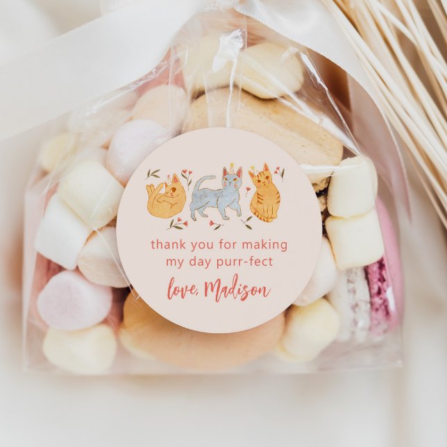 Adesivo Redondo Favor de Festa de aniversário de Gato Rosa (Criador carregado)