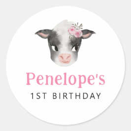 Adesivo Redondo Favor de Festa de aniversário de Vaca Rosa