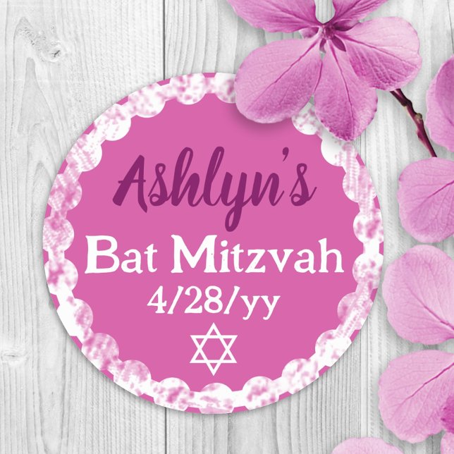 Adesivo Redondo Favor de festa de Bat Mitzvah personalizado Rosa B (pink violet, berry personalized bat mitzvah party favor sticker or invitation envelope seal, label)