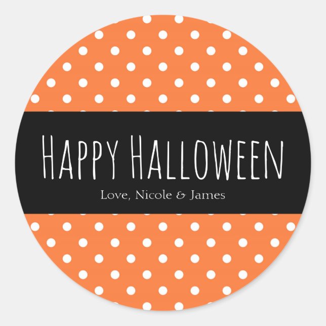 Adesivo Redondo Favor de Halloween com bolinhas laranja e branco (Frente)