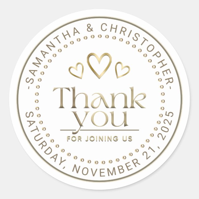 Adesivo Redondo Favor de Noiva Corações de Ouro Agradecendo  (Frente)
