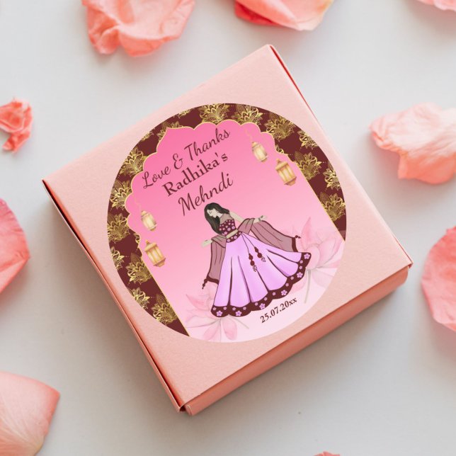 Adesivo Redondo Favor de noiva indiana Mehndi rosa dourado marrom (Mehndi favor gift thank you stickers Indian mehandi dancing bride maroon pink gold lotus favors)